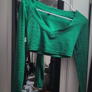 SHEIN Green Ribbed V-Neck Crop Top